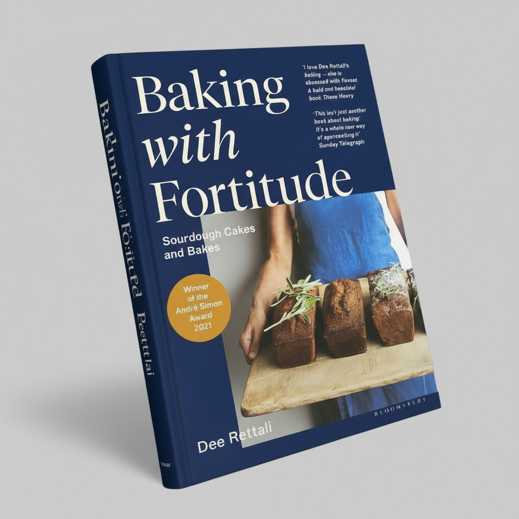 Book titled 'Baking with Fortitude' by Dee Rettali on a white background