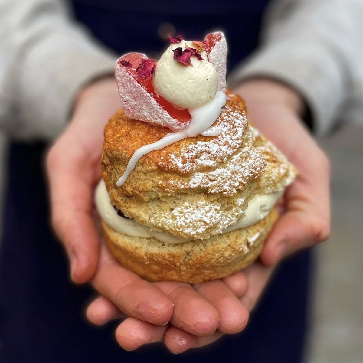 Rosewater cream, damson Jam & Turkish delight scone